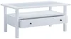 A white coffee table with a glass top and a drawer is shown against a white background. Produktbild-Vorschau