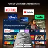 A television screen displaying various streaming service logos and movie posters, with a remote control in the foreground. Produktbild-Vorschau