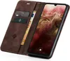 A brown flip-case wallet for a smartphone is open, showing the phone screen and card slots. Produktbild-Vorschau