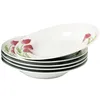 A stack of white oval-shaped bowls with a floral pattern of pink tulips and green leaves. Náhľad obrázku produktu