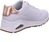 A side view of a white Skechers sneaker with rose gold accents. Náhled obrázku produktu
