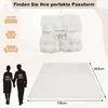 A marketing image showing a white faux fur blanket with dimensions and comparison figures of people. Produktbild-Vorschau