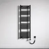 A black electric towel radiator mounted on a textured white wall. Produktbild-Vorschau