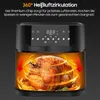 A close-up marketing image of an air fryer with a roasted chicken inside, highlighting its 360-degree hot air circulation feature. Produktbild-Vorschau