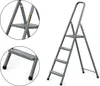 A gray metal step ladder with four steps, shown against a white background. Two close-up insets show details of the ladder's construction. Voir les images du produit