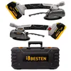 Three items are displayed against a white background: two vibrating tile leveling tools and a black carrying case. Podgląd zdjęcia produktu