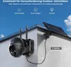 A security camera mounted on a wall with a solar panel attached. Produktbild-Vorschau