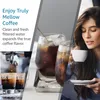A collage of images related to coffee, featuring text about coffee flavor, espresso shots being poured, iced coffee, and a woman drinking coffee. Produktbild-Vorschau