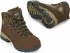 Two brown hiking boots are shown against a white background. One boot is shown from the side, and the other is shown from the sole. Produktbild-Vorschau