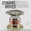 An exploded view diagram of a dynamic driver for headphones, with marketing text. Produktbild-Vorschau