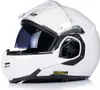 A white motorcycle helmet with a blue visor and black accents, shown from the side. Voir les images du produit