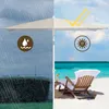 The image is split into two halves, showing a balcony umbrella in use in both rainy and sunny conditions. The left side depicts rain falling on a green lawn and hedge, with the umbrella appearing to be waterproof. The right side shows a sunny beach scene w Produktbild-Vorschau