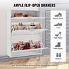 A white shoe cabinet with gold legs, displaying various types of shoes on its shelves. Text overlays describe features and shoe types. Produktbild-Vorschau