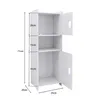 A white, three-tiered storage cabinet with two doors, shown with dimensions indicated by measurement lines and text. Produktbild-Vorschau