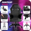 A black gaming chair with multiple informational callouts around it, set against a colorful, abstract background. Náhled obrázku produktu