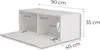 A white TV lowboard with its doors open, showing internal dimensions. Produktbild-Vorschau