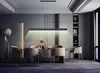 A modern dining room with a long, rectangular LED pendant light illuminating a table and chairs. Produktbild-Vorschau