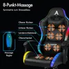A gaming chair with massage features highlighted by diagrams and text. Podgląd zdjęcia produktu