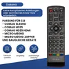 A remote control is shown next to a description of compatible devices and product benefits. Produktbild-Vorschau