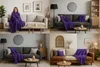 Collage of four living room scenes featuring purple fleece blankets on sofas. Produktbild-Vorschau