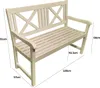 A white wooden garden bench with dimensions indicated by measurement lines and text. Produktbild-Vorschau