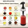 A sauce dispenser bottle is shown with a grid of small circular images displaying various sauces and liquids that can be dispensed. Produktbild-Vorschau