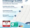 A white quilted blanket is shown with descriptive text and certifications on the left side. Produktbild-Vorschau