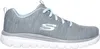A side view of a gray Skechers sneaker with light blue laces and trim. Voir les images du produit