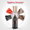 An iron is shown in front of a circular diagram illustrating different fabric types and their corresponding heat settings. Produktbild-Vorschau