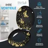A toilet seat with a butterfly design is shown open, with marketing text and icons on the right side. Produktbild-Vorschau