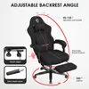 A black gaming chair with various features highlighted by text and diagrams. Podgląd zdjęcia produktu