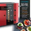 A red toaster with a digital display and touch panel, shown with several slices of toast and some berries in the foreground. Produktbild-Vorschau