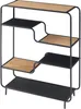 A multi-tiered shelving unit with alternating black and wood-effect shelves. Produktbild-Vorschau