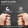 Hands holding two black carabiner hooks, with text and icons above describing product features. Produktbild-Vorschau