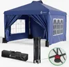 A blue pop-up canopy tent is shown set up, with its folded frame and carrying bag displayed in the foreground. A close-up inset highlights a red connector piece on the frame. Produktbild-Vorschau