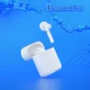 A pair of white wireless earbuds and their charging case are shown against a bright blue background with robotic arms and a Bluetooth 5.0 logo. Náhľad obrázku produktu