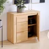 A wooden sideboard with its door open, revealing shelves with plates. A potted plant sits on top. Produktbild-Vorschau