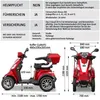 A red electric scooter with technical specifications and dimensions displayed. Produktbild-Vorschau