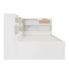 A white bed frame with integrated shelving and storage units, shown from a side angle against a white background. Voir les images du produit