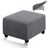 A gray ottoman slipcover is shown on an ottoman. There is a small inset image showing how to put the slipcover on. Produktbild-Vorschau