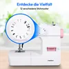 A white Medion sewing machine with pink accents is shown on a wooden surface, with a close-up inset highlighting the stitch pattern selection dial. The background is blurred green foliage and a window. Produktbild-Vorschau