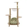 A multi-level cat tree with platforms, a hammock, and a cushion, presented against a white background. Náhled obrázku produktu