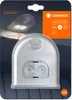 The image shows the retail packaging of a white LED downlight with a motion sensor. Voir les images du produit
