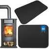 A product image featuring a wood-burning stove and two black floor plates, likely for fire protection. Produktbild-Vorschau
