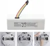 A collage showing a white rechargeable battery pack for a robot vacuum, along with three images of the underside of a robot vacuum, one showing screws and the other two showing the battery compartment being accessed and the battery being installed. Náhled obrázku produktu