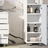 A white bathroom cabinet with shelves and products on display, next to a white dresser with drawers. Náhled obrázku produktu