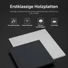 Marketing image showing two wood panels, one dark gray and one white, with text and icons describing product features. Produktbild-Vorschau