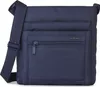 A close-up studio shot of a blue Hedgren crossbody bag.