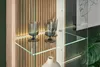 Close-up view of a glass cabinet with wooden paneling, showcasing glassware and a decorative vase. Produktbild-Vorschau