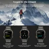 A hiker on a snowy mountain peak, with three close-up images of a smartwatch displaying different features. Produktbild-Vorschau